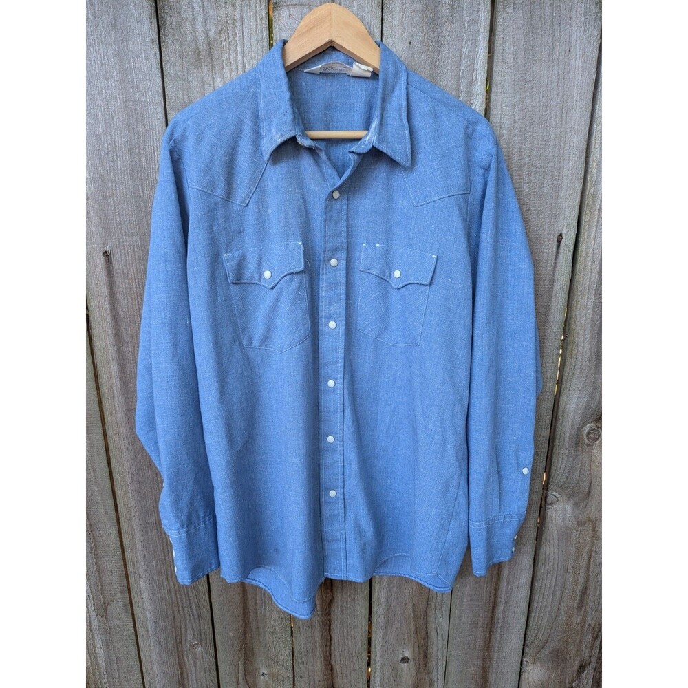 Vintage Key Imperial Pearl Snap Shirt Western Blue Chambray Mens XL Extra Large